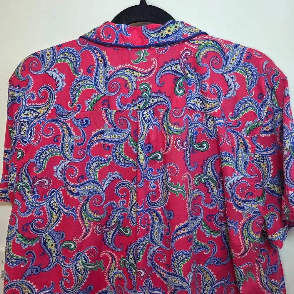 Lauren Ralph Lauren Womens Pajama Top XL Pink Paisley Button Down Shirt Logo